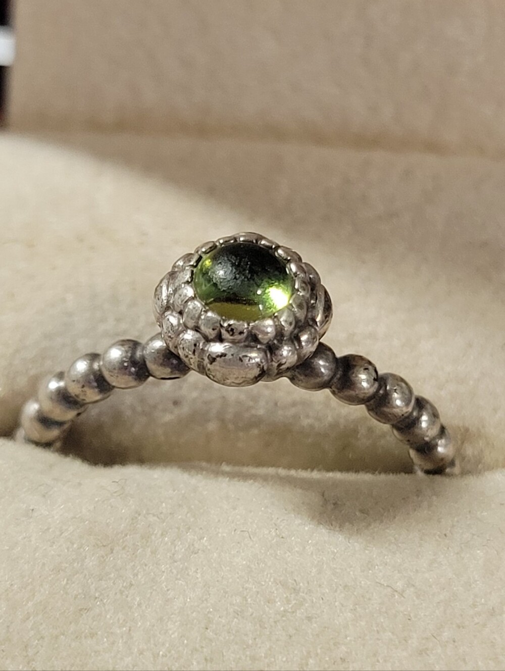Pandora Sterling Silver Beaded Ring with Green Cabochon
